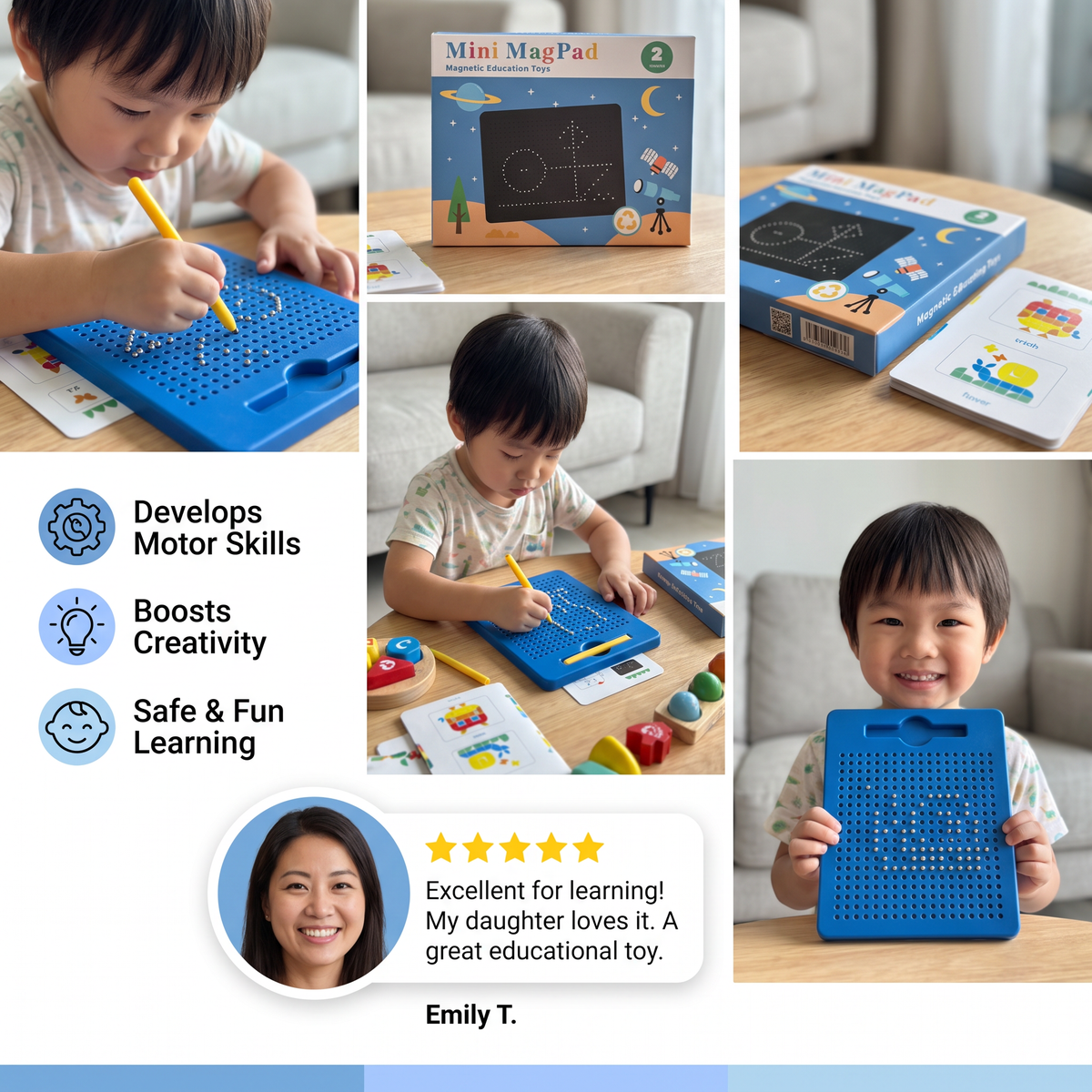 2-in-1 Magnetic Writing & Drawing Board with Snap-On Shape Tiles for Kids