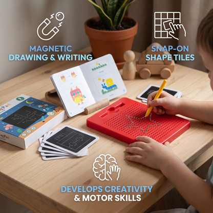 2-in-1 Magnetic Writing & Drawing Board with Snap-On Shape Tiles for Kids