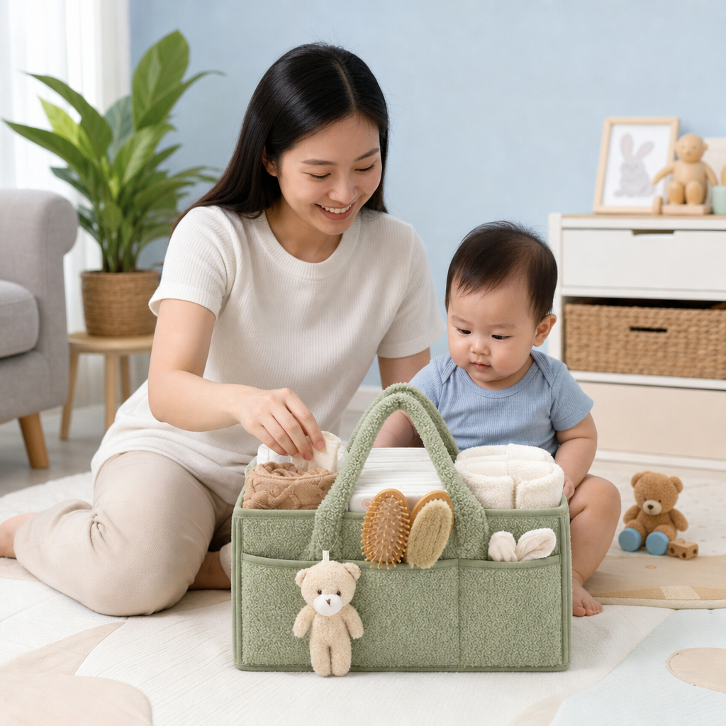 Plush Sherpa Baby Diaper Caddy – Storage Basket for Nursery & Changing Table