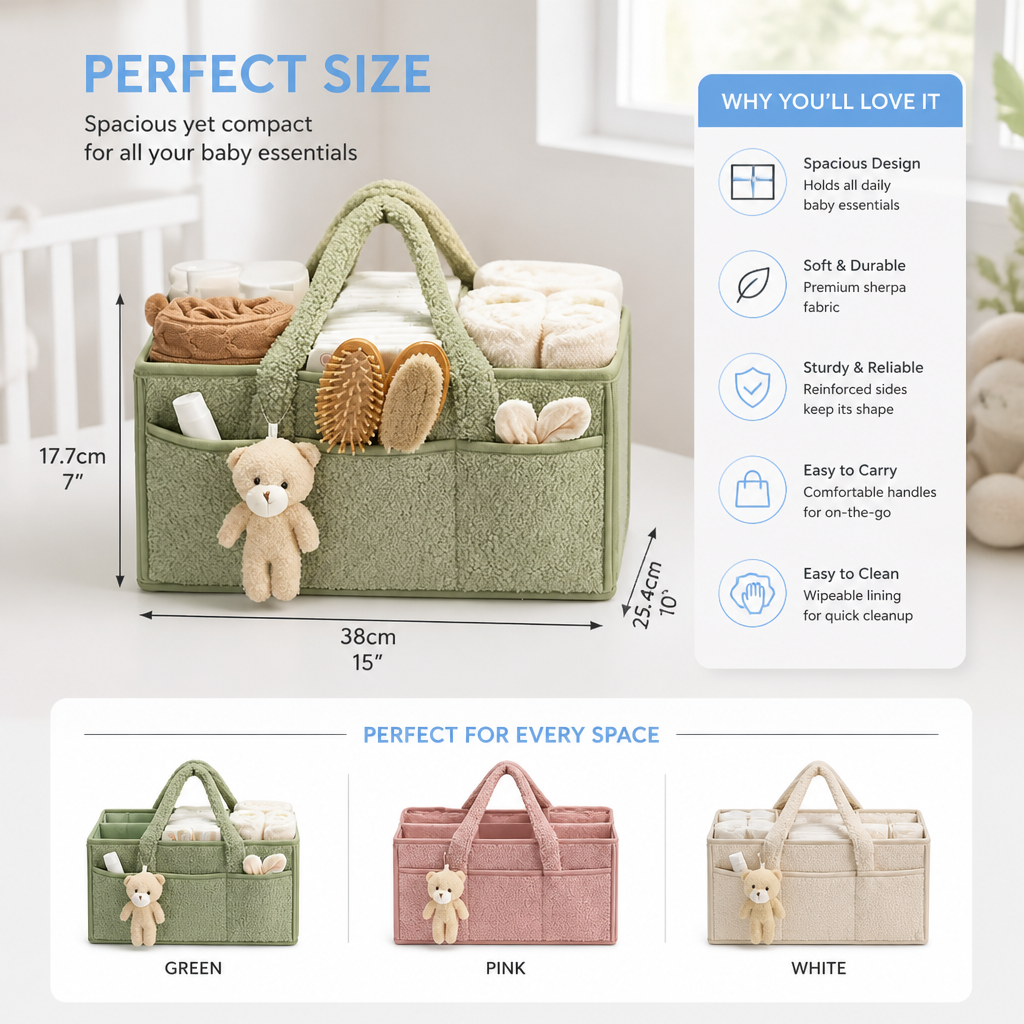 Plush Sherpa Baby Diaper Caddy – Storage Basket for Nursery & Changing Table