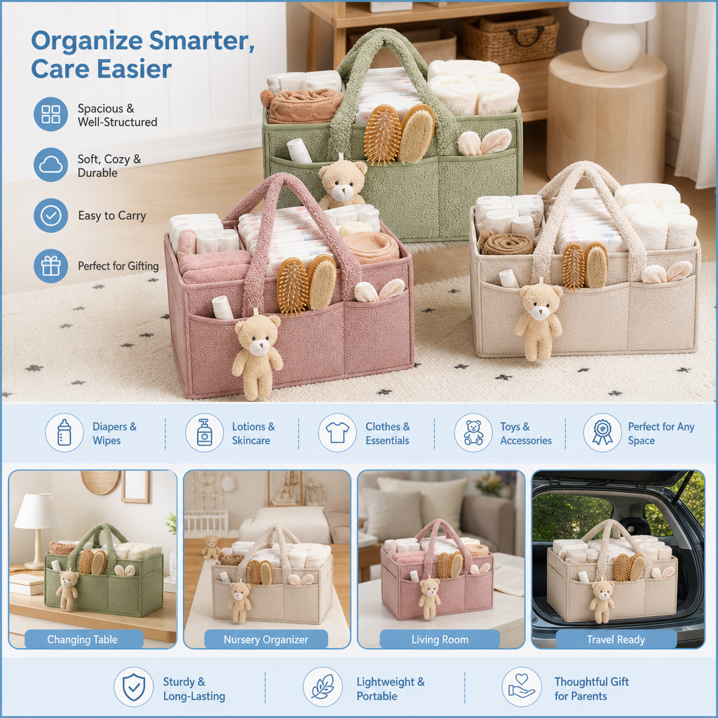 Plush Sherpa Baby Diaper Caddy – Storage Basket for Nursery & Changing Table