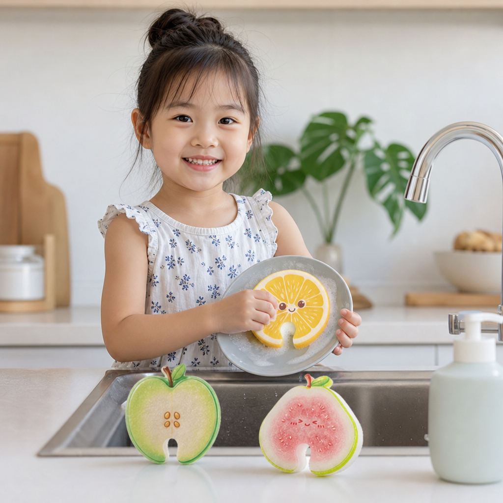 Fruit-Shaped Pop-Up Cellulose Sponges – 3-Pack of Plant-Based, Non-Scratch Kitchen Sponges