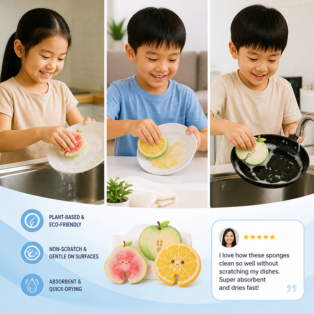 Fruit-Shaped Pop-Up Cellulose Sponges – 3-Pack of Plant-Based, Non-Scratch Kitchen Sponges