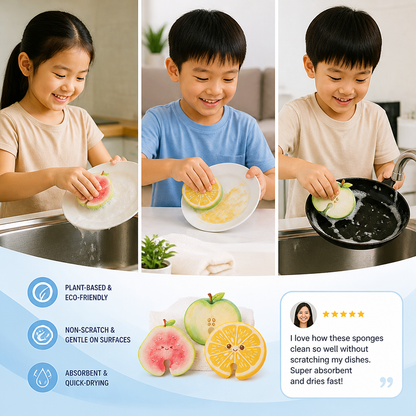 Fruit-Shaped Pop-Up Cellulose Sponges – 3-Pack of Plant-Based, Non-Scratch Kitchen Sponges