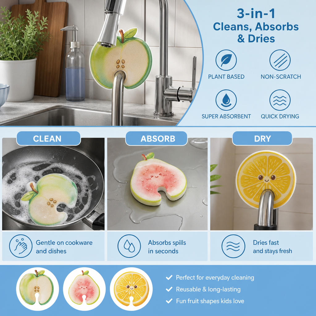 Fruit-Shaped Pop-Up Cellulose Sponges – 3-Pack of Plant-Based, Non-Scratch Kitchen Sponges