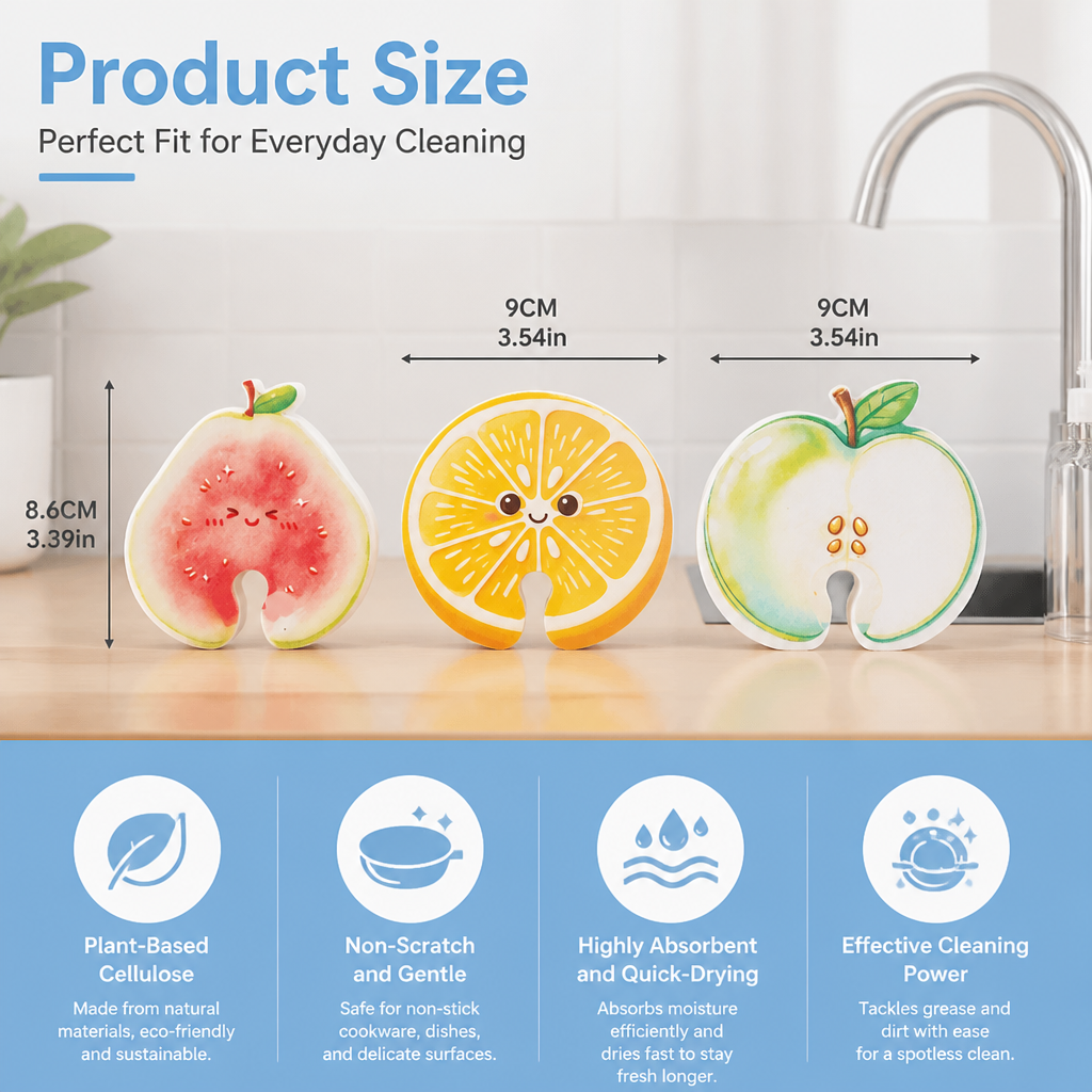 Fruit-Shaped Pop-Up Cellulose Sponges – 3-Pack of Plant-Based, Non-Scratch Kitchen Sponges