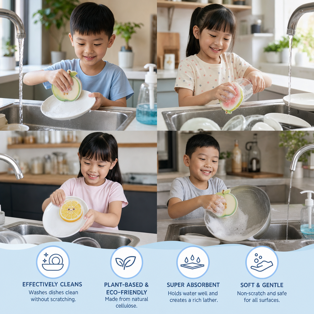 Fruit-Shaped Pop-Up Cellulose Sponges – 3-Pack of Plant-Based, Non-Scratch Kitchen Sponges
