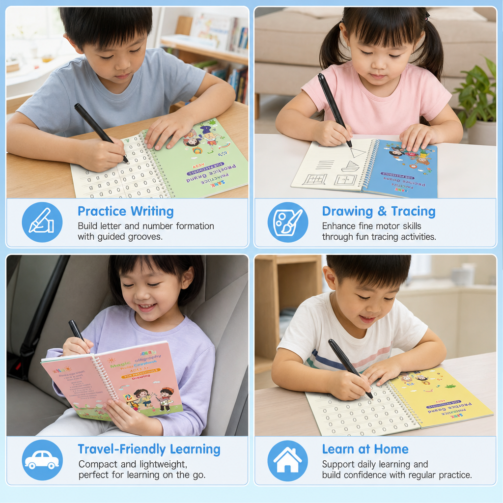 Magic Reusable Grooved Handwriting Practice Books with Disappearing Ink Pens