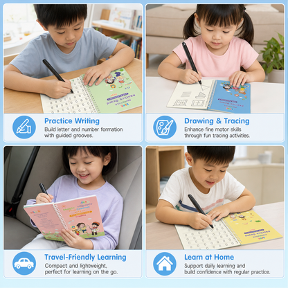 Magic Reusable Grooved Handwriting Practice Books with Disappearing Ink Pens