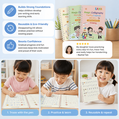 Magic Reusable Grooved Handwriting Practice Books with Disappearing Ink Pens