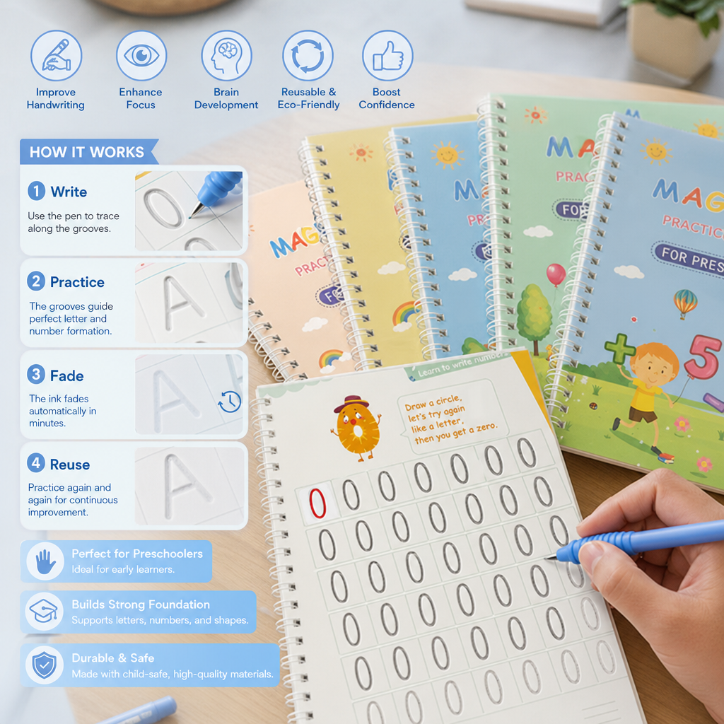 Magic Reusable Grooved Handwriting Practice Books with Disappearing Ink Pens