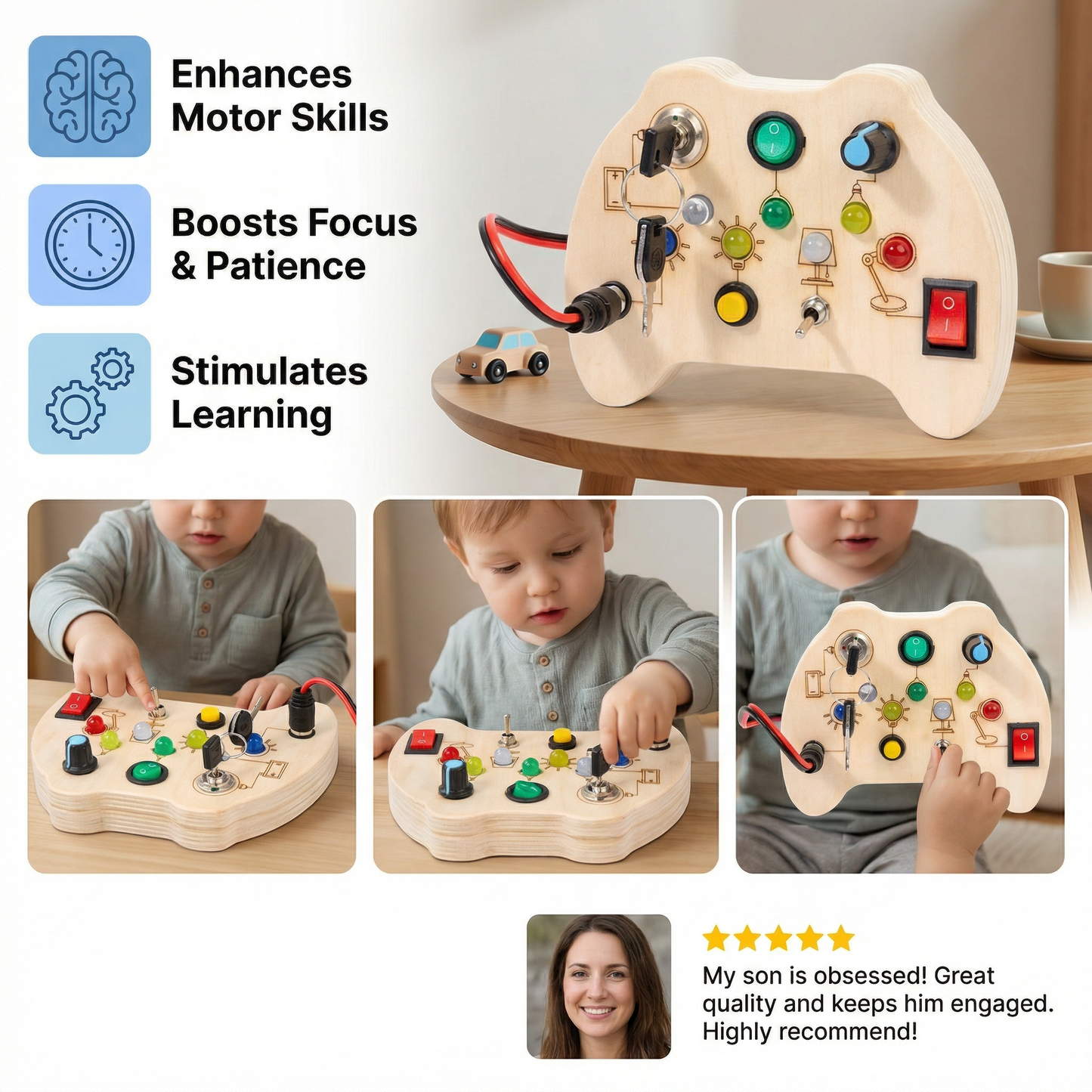 LED Controller Busy Board Wooden – Montessori Learning Toy for Motor Skill Development
