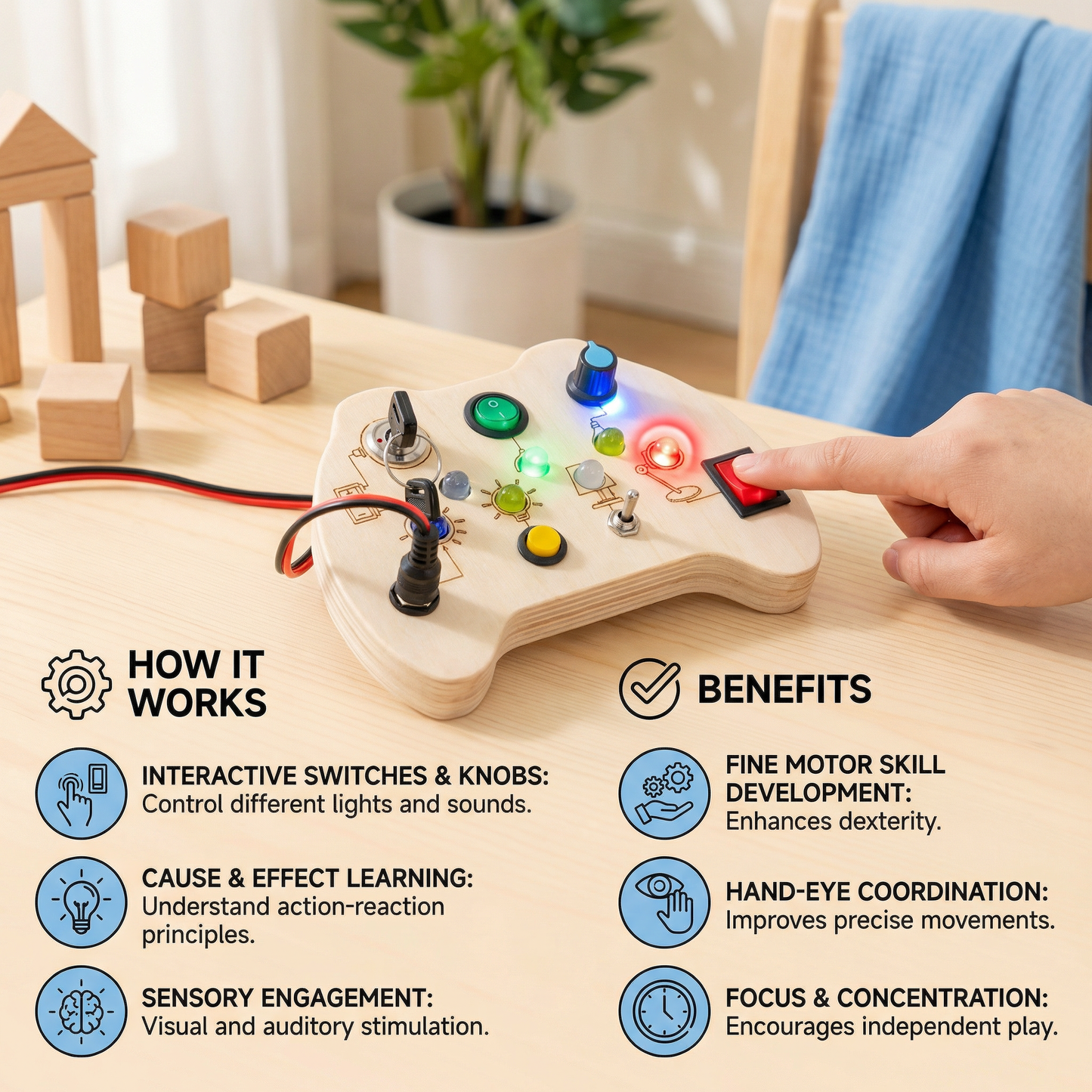 LED Controller Busy Board Wooden – Montessori Learning Toy for Motor Skill Development