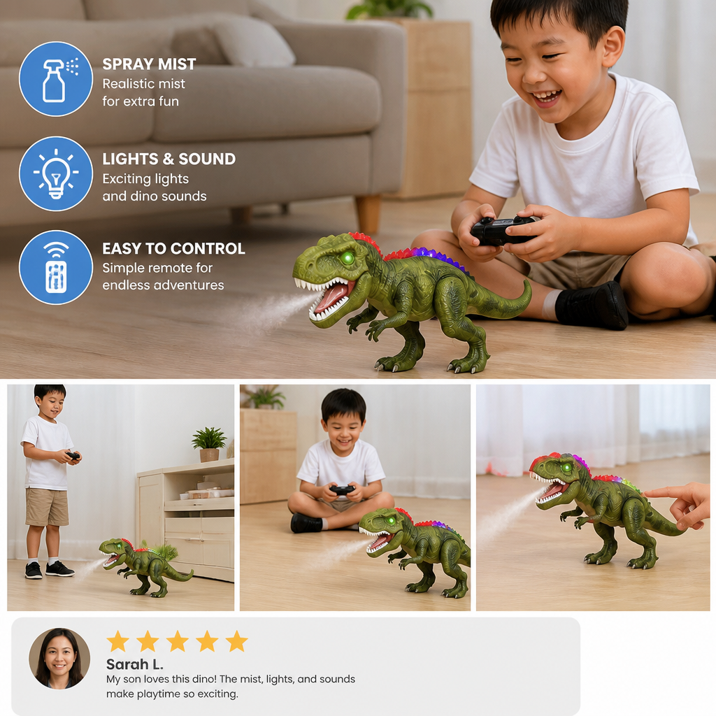 Remote Control Walking T-Rex – RC Dinosaur with Spray Mist, Lights & Sound