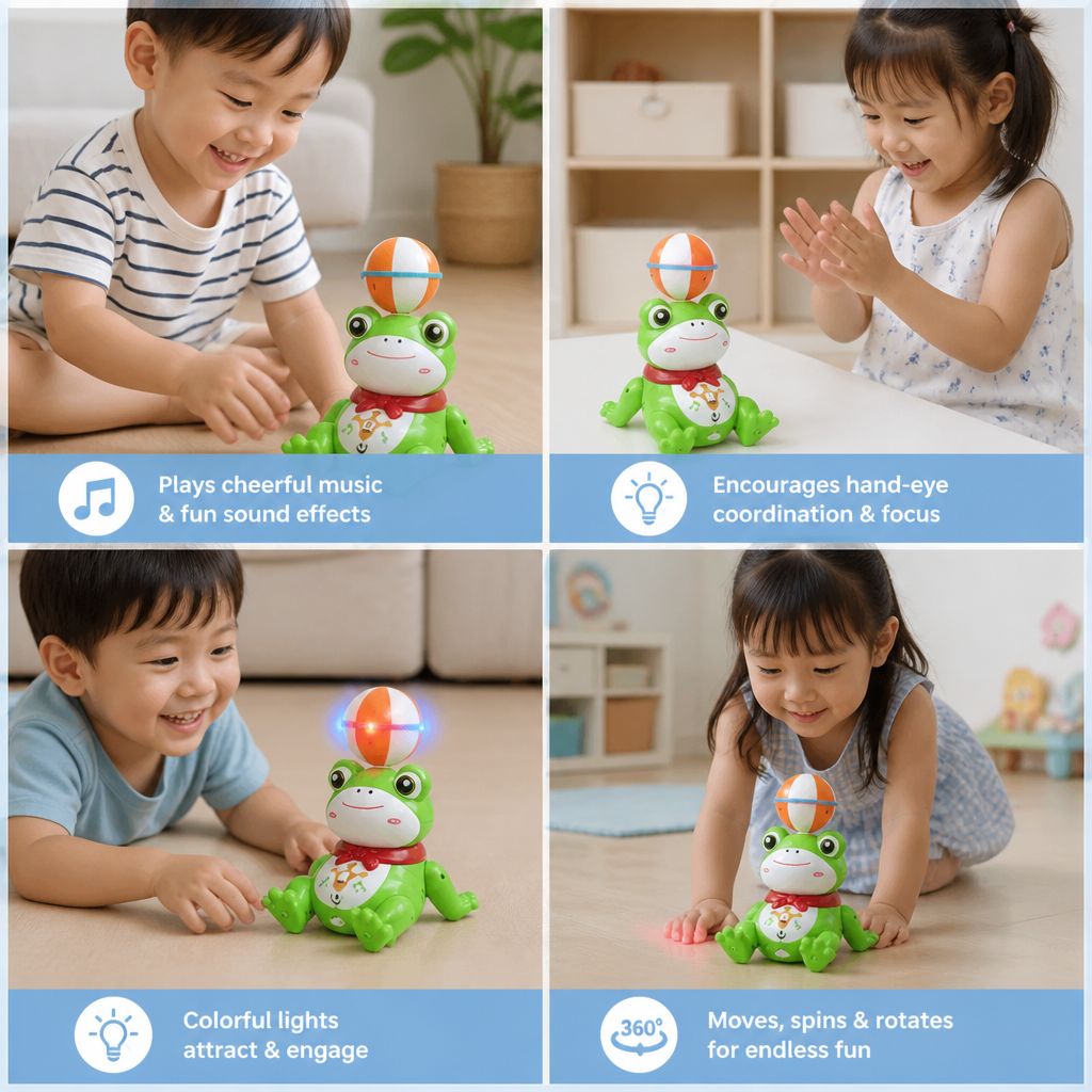 Interactive Ball-Balancing Frog Toy with Lights, Music & 360° Rotation