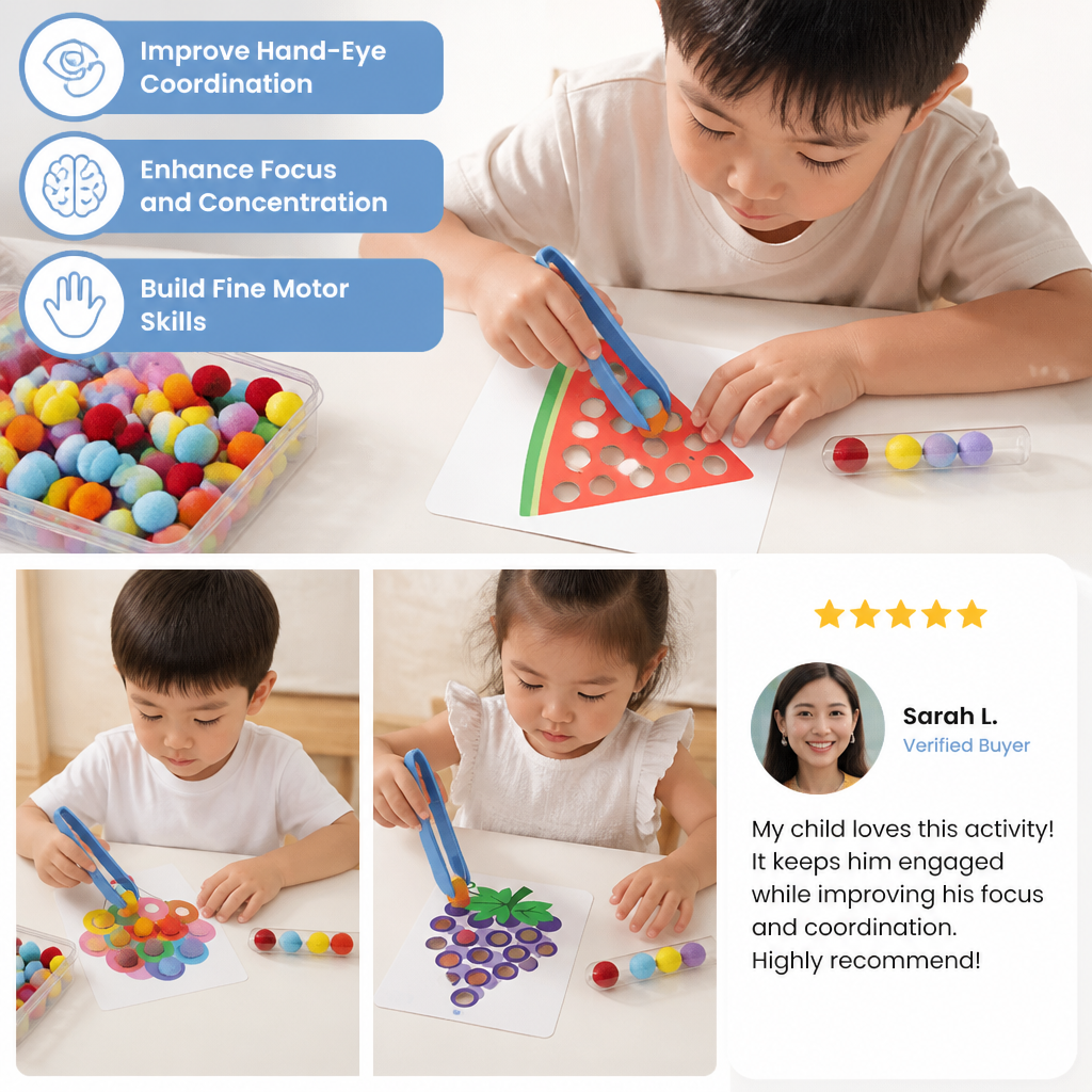 Montessori Pom-Pom Color & Numbers Learning Game for Fine Motor Skills