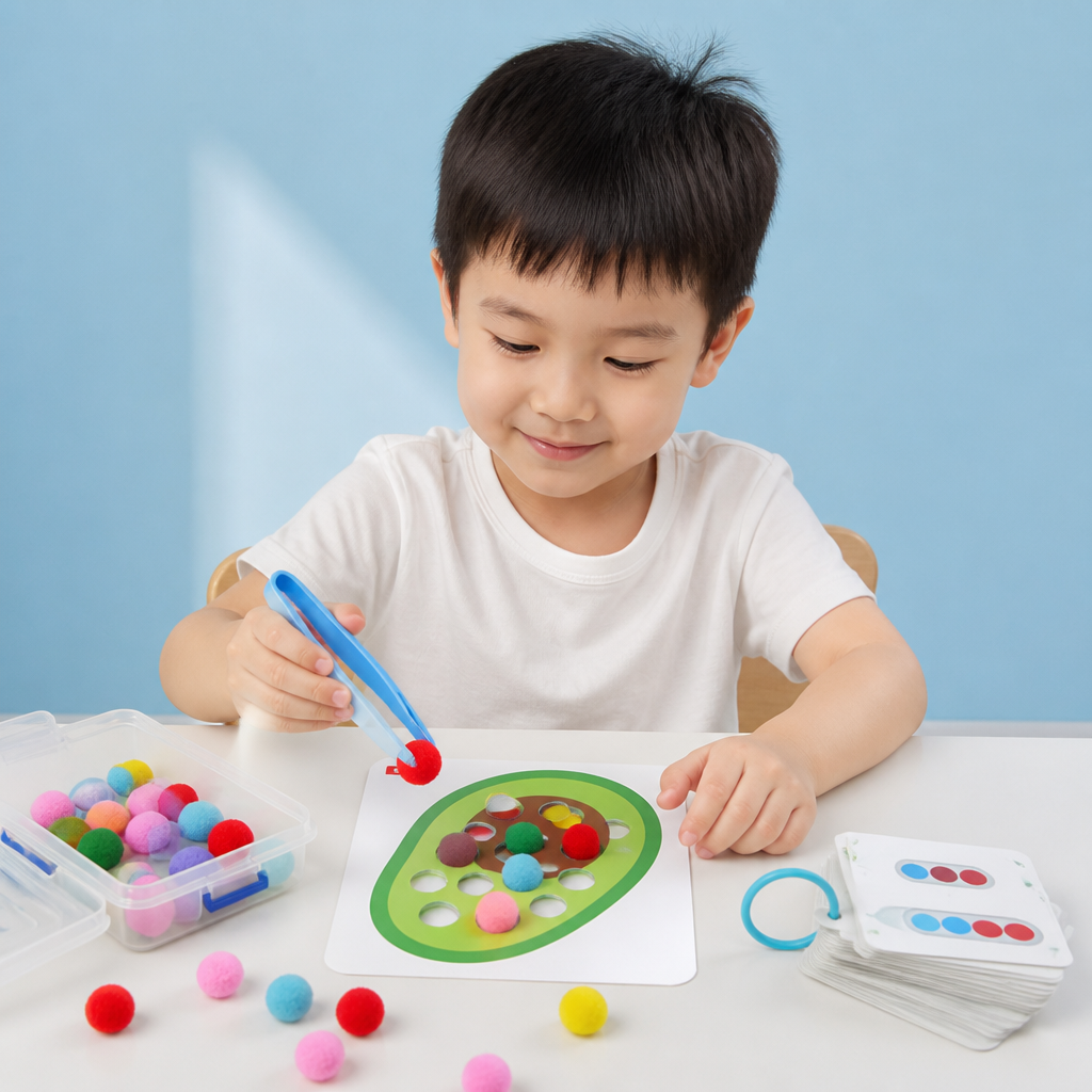 Montessori Pom-Pom Color & Numbers Learning Game for Fine Motor Skills
