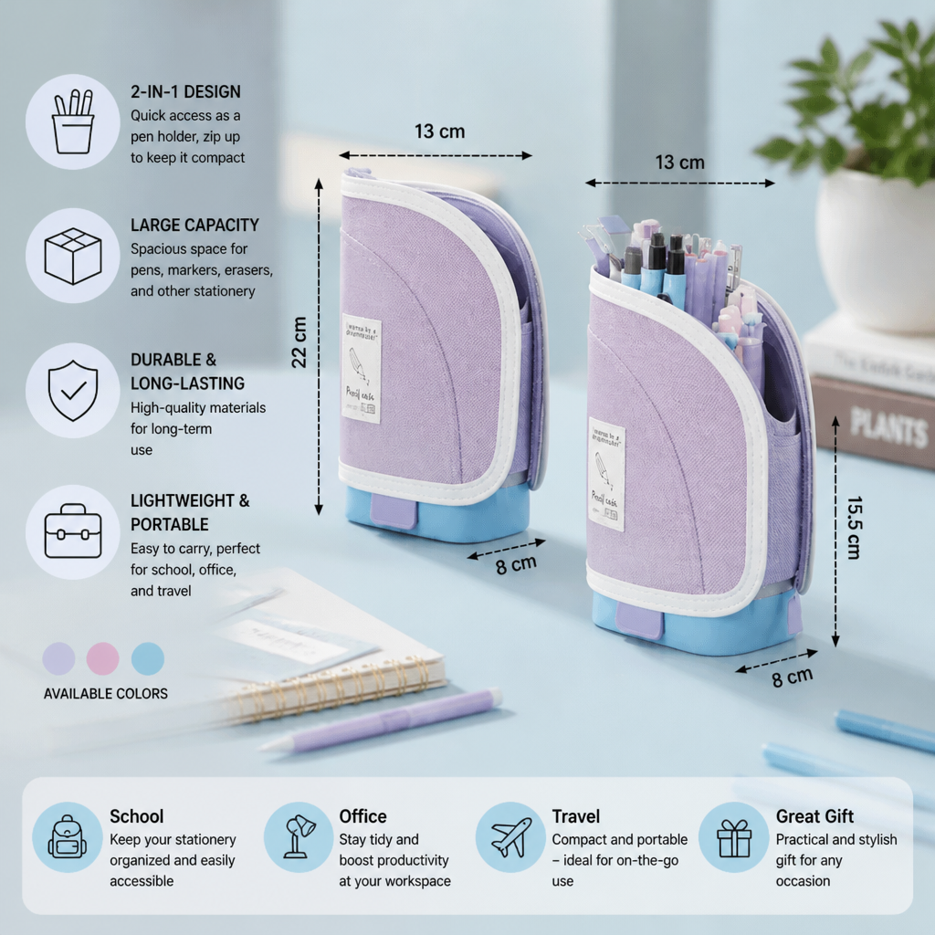 2-in-1 Pop-Up Pencil Case with Pen Holder – Space-Saving Desk Organizer