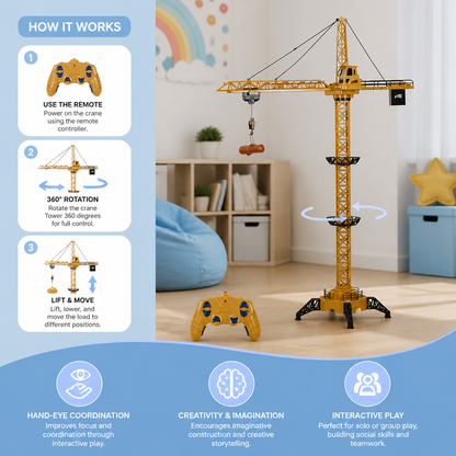 Remote Control Tower Crane – 360° Rotating Construction Toy with Lifting Function
