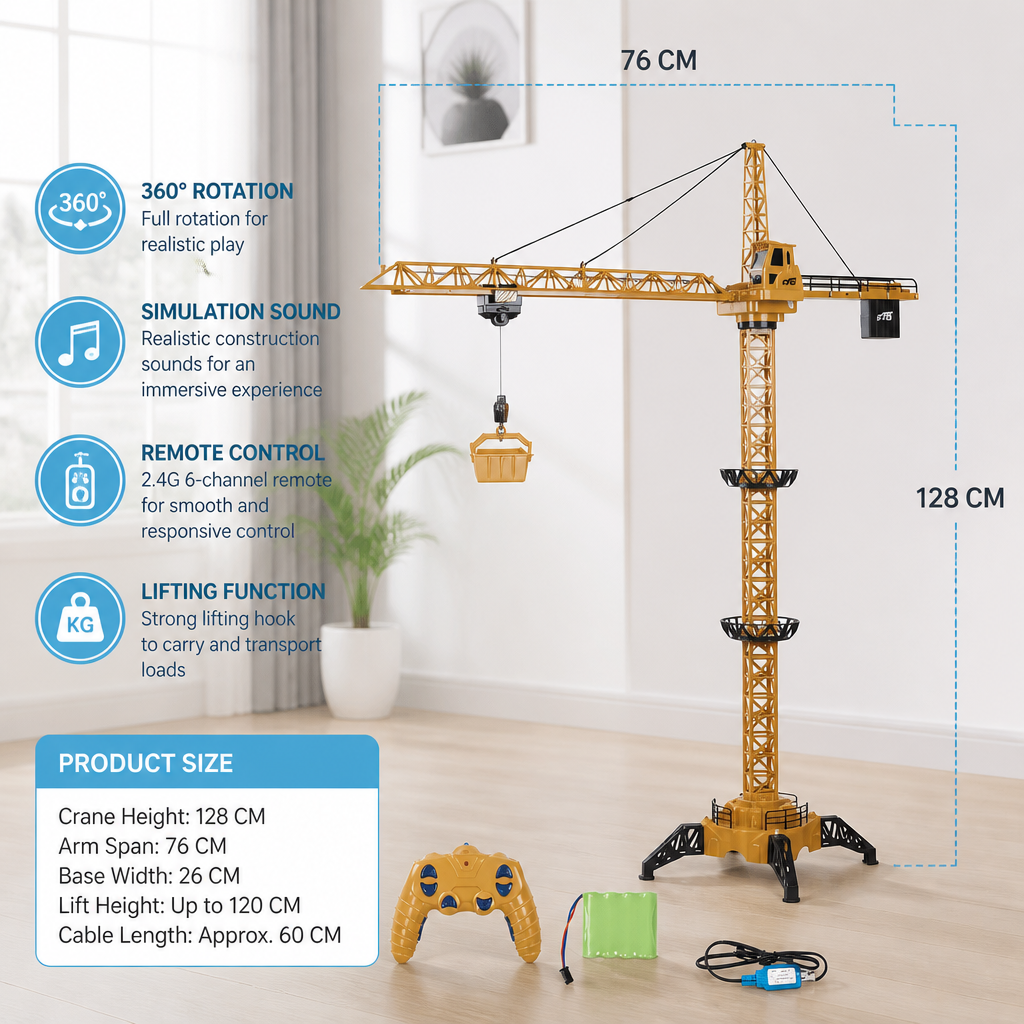 Remote Control Tower Crane – 360° Rotating Construction Toy with Lifting Function