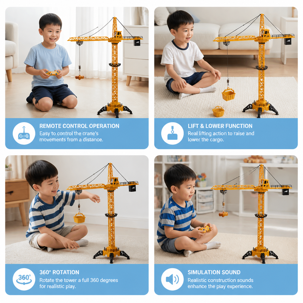 Remote Control Tower Crane – 360° Rotating Construction Toy with Lifting Function
