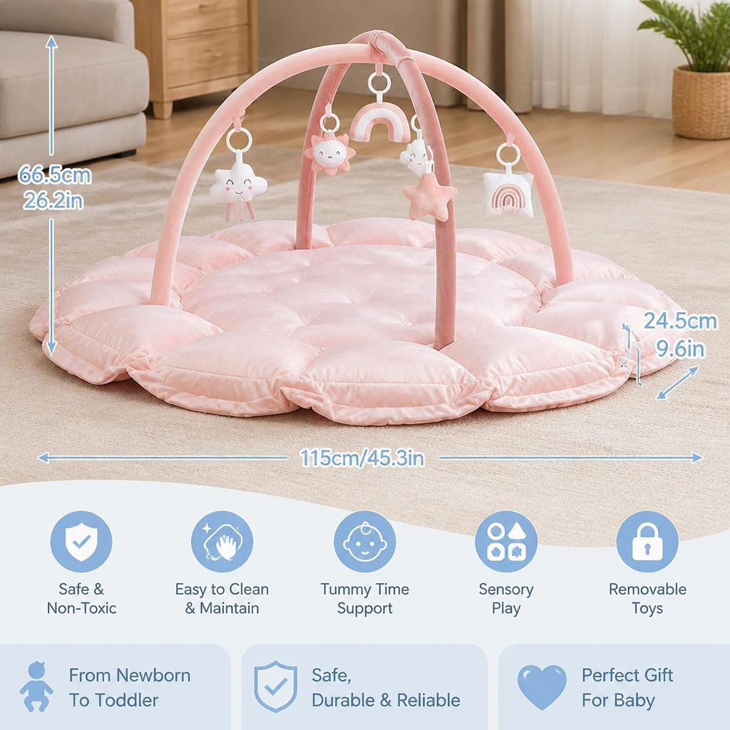 5-in-1 Plush Baby Play Gym, Activity Mat & Bed with Hanging Toys