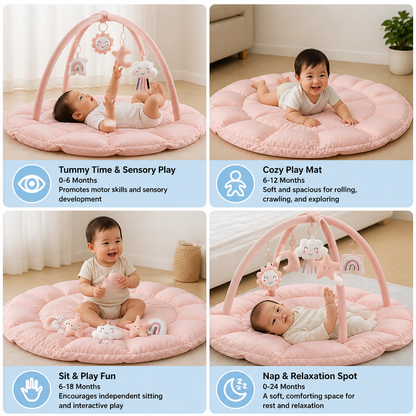 5-in-1 Plush Baby Play Gym, Activity Mat & Bed with Hanging Toys