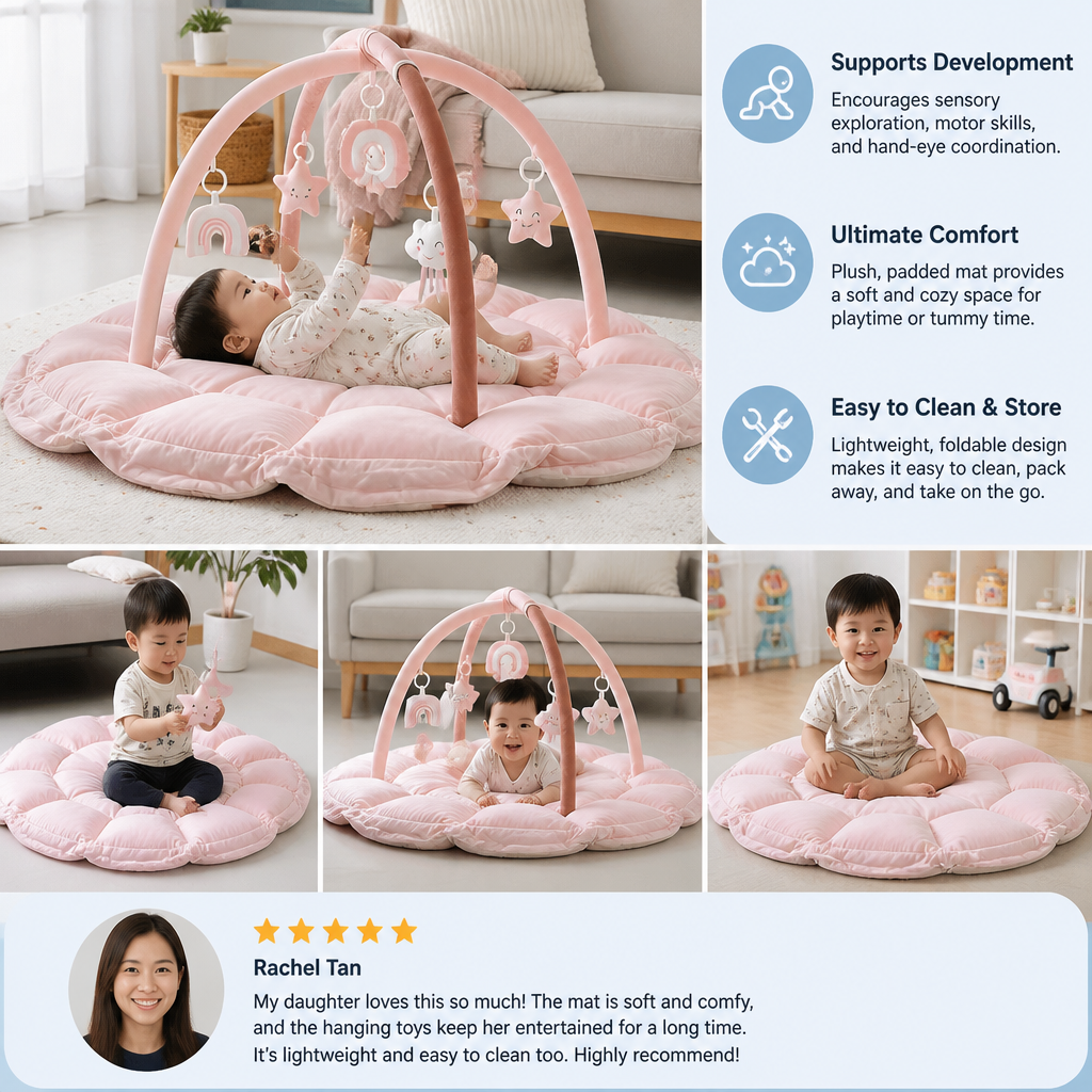 5-in-1 Plush Baby Play Gym, Activity Mat & Bed with Hanging Toys