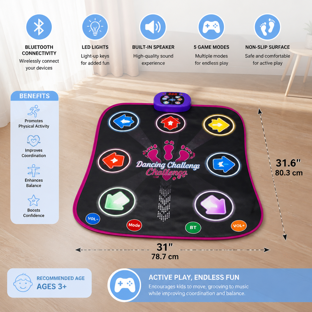 Kids’ Light-Up Bluetooth Dance Mat with 5 Game Modes