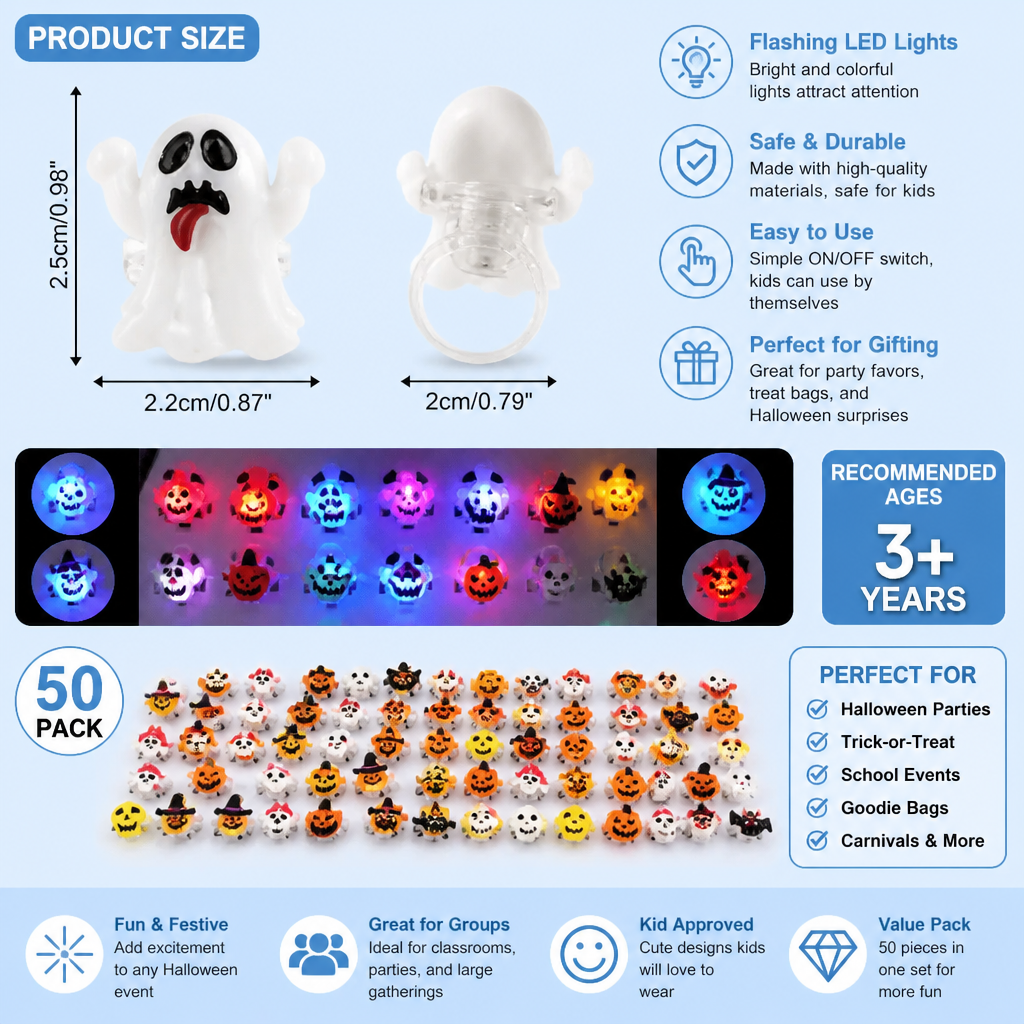 50-Pack Flashing LED Halloween Rings for Kids’ Party Favors & Treat Bags