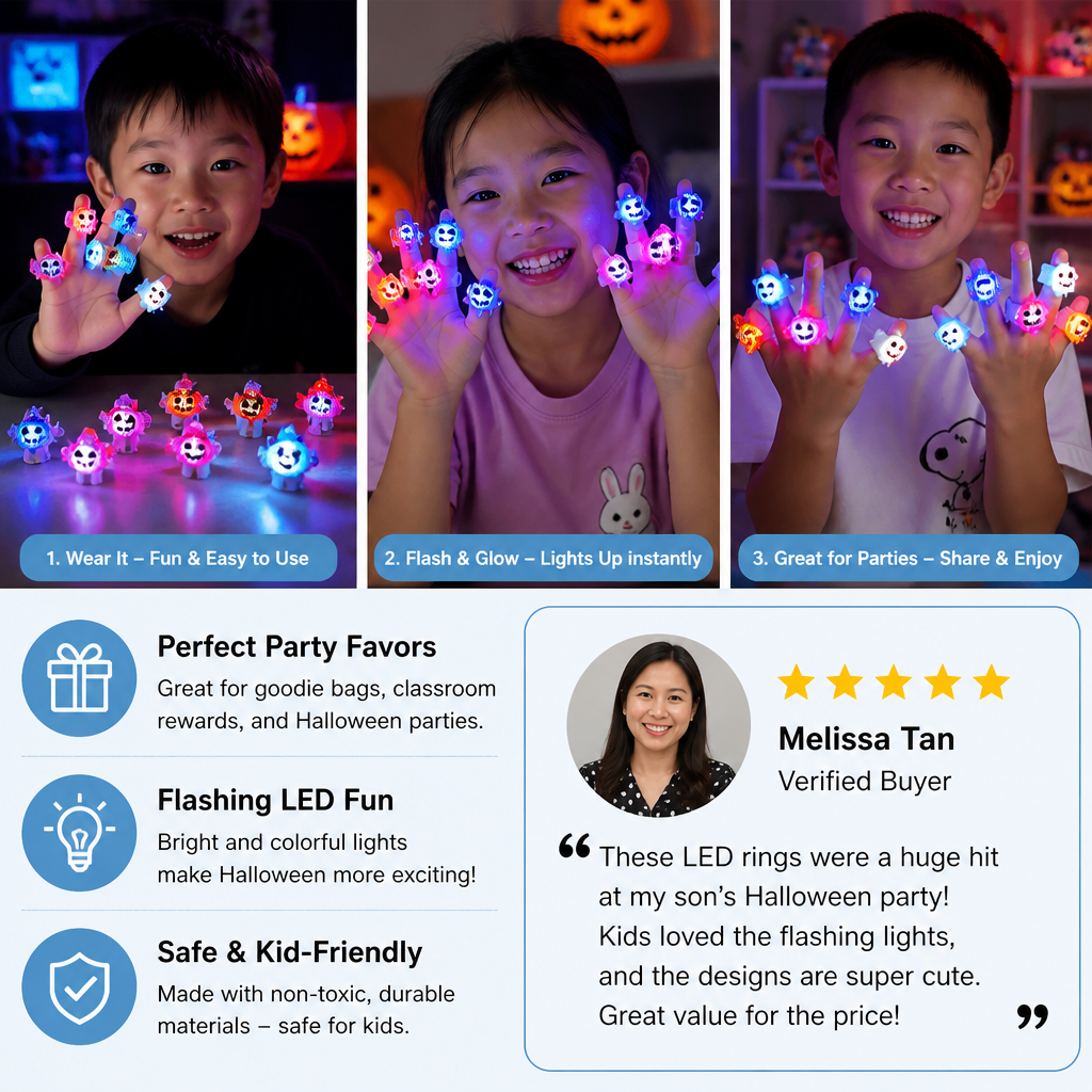 50-Pack Flashing LED Halloween Rings for Kids’ Party Favors & Treat Bags