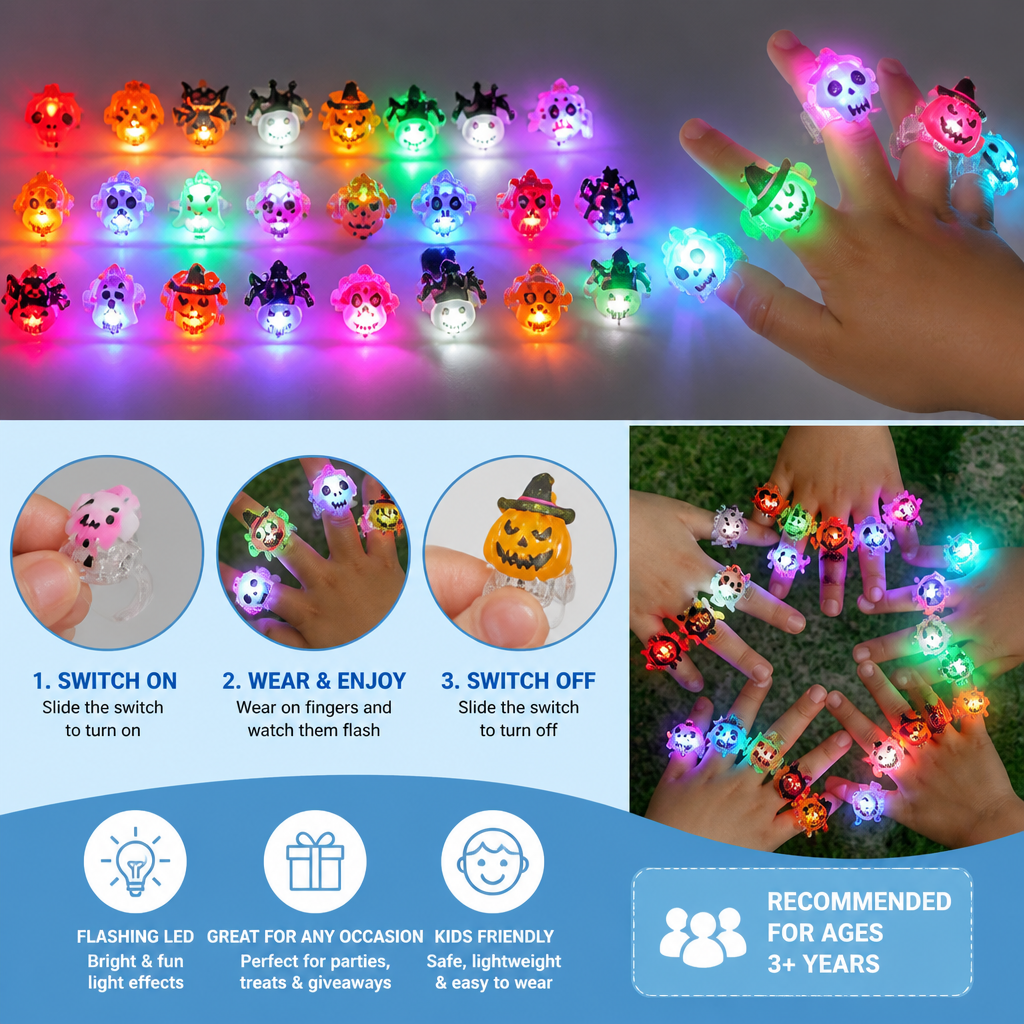 50-Pack Flashing LED Halloween Rings for Kids’ Party Favors & Treat Bags