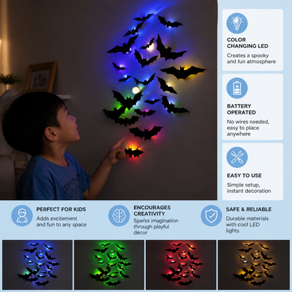 3D LED Halloween Bat Wall Decoration with Color-Changing Lights