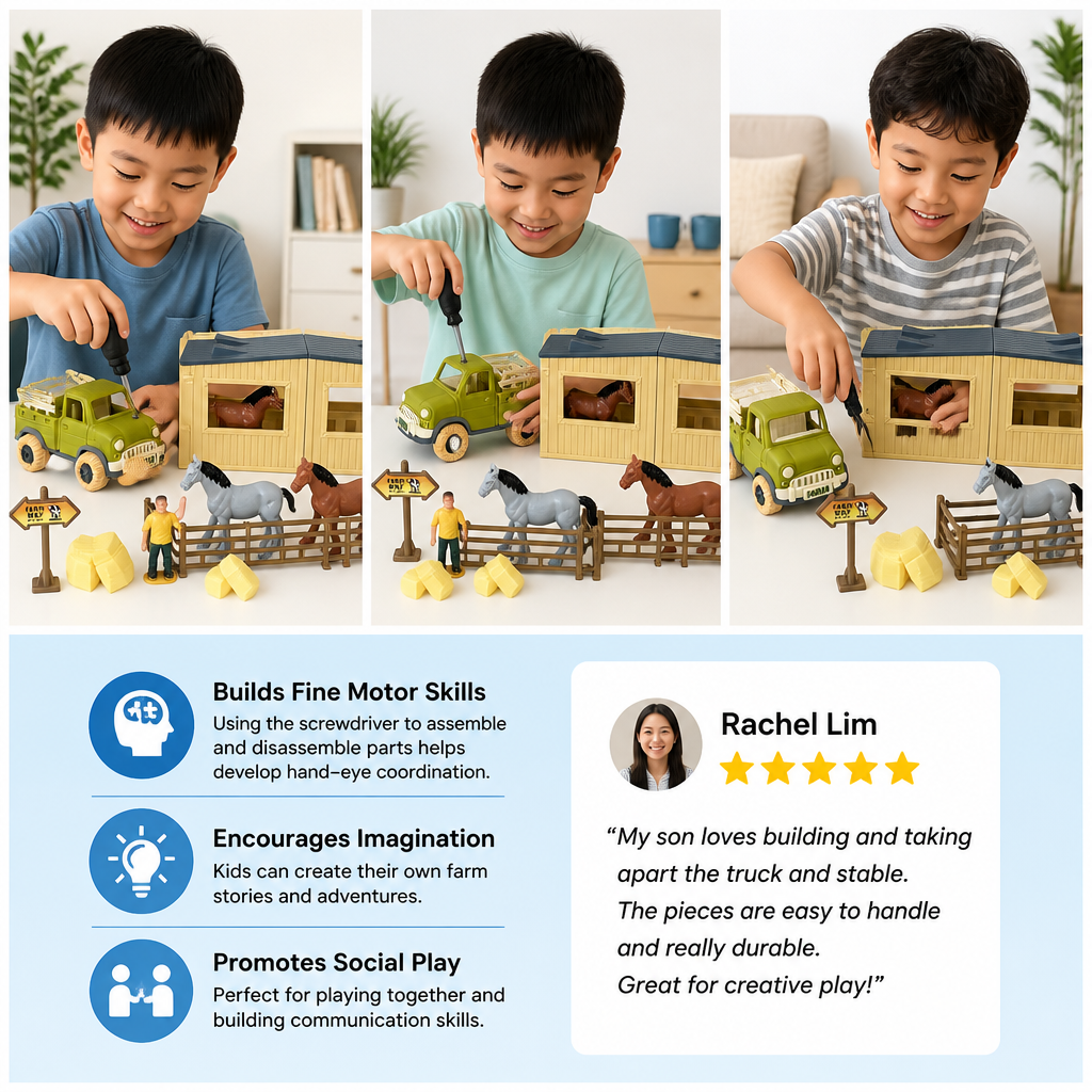 DIY Take-Apart Farm Truck & Horse Stable Play Set for Kids