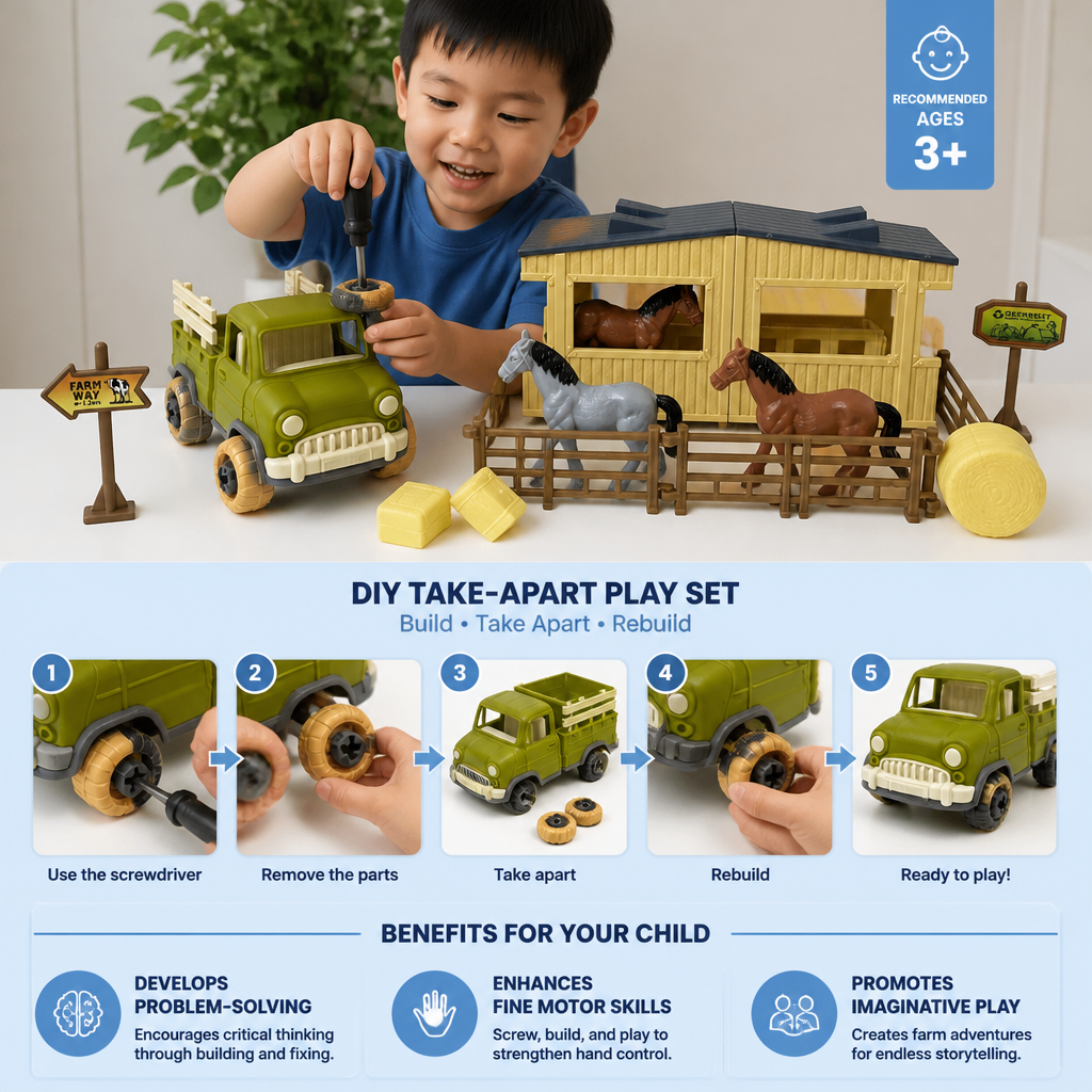 DIY Take-Apart Farm Truck & Horse Stable Play Set for Kids