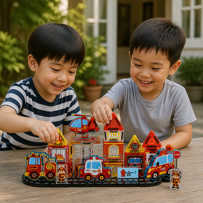 40-Piece Magnetic Travel Building Set with Construction, Fire Truck & Police Vehicles