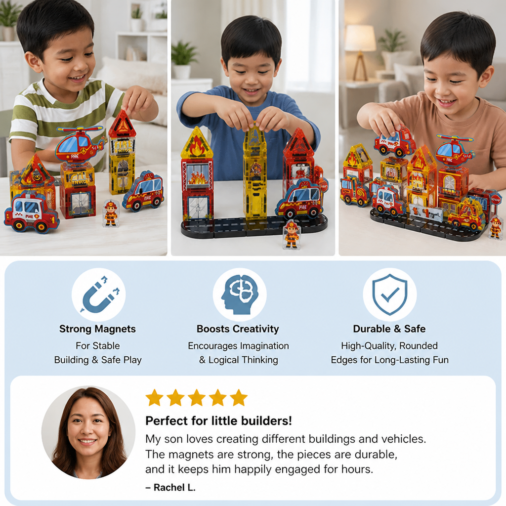 40-Piece Magnetic Travel Building Set with Construction, Fire Truck & Police Vehicles