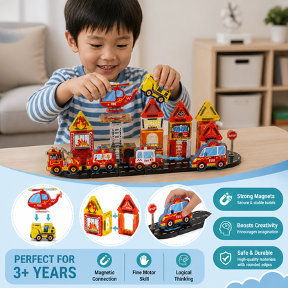 40-Piece Magnetic Travel Building Set with Construction, Fire Truck & Police Vehicles