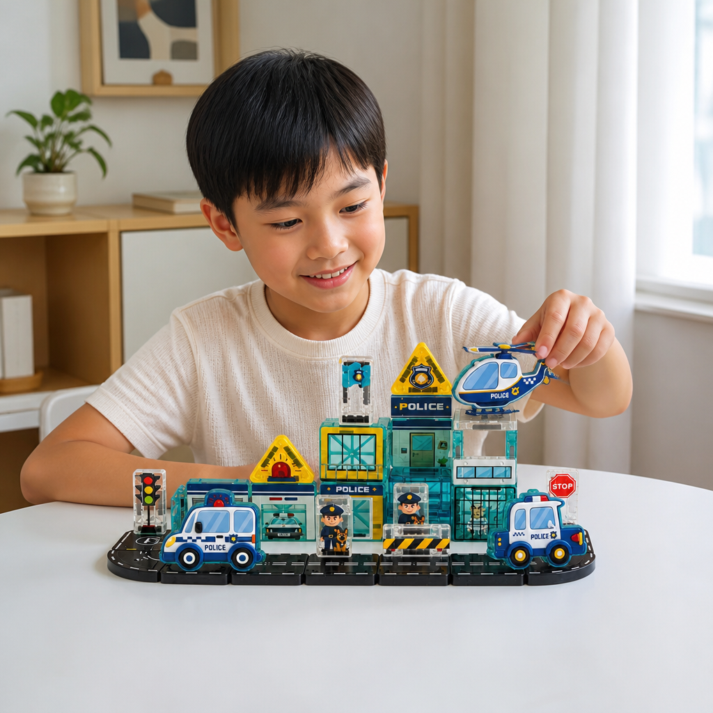 40-Piece Magnetic Travel Building Set with Construction, Fire Truck & Police Vehicles