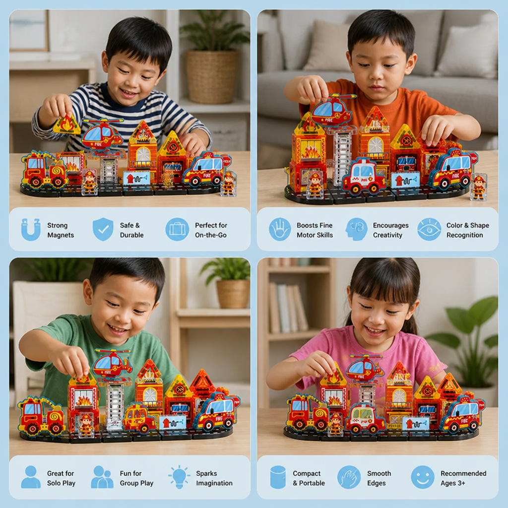 40-Piece Magnetic Travel Building Set with Construction, Fire Truck & Police Vehicles