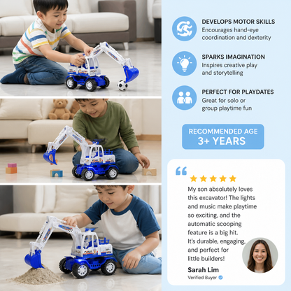 Musical Excavator Toy with Automatic Soccer Ball Scooping & LED Lights