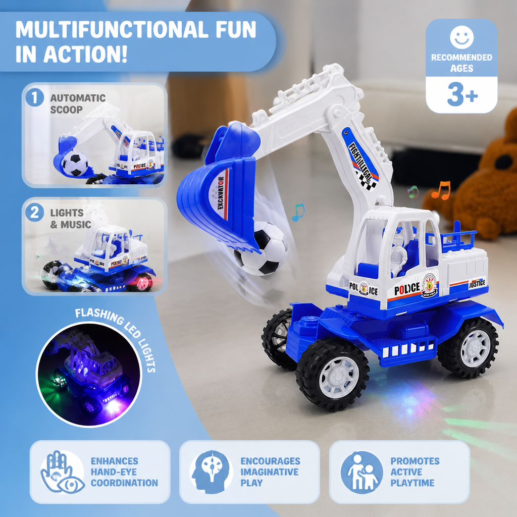 Musical Excavator Toy with Automatic Soccer Ball Scooping & LED Lights