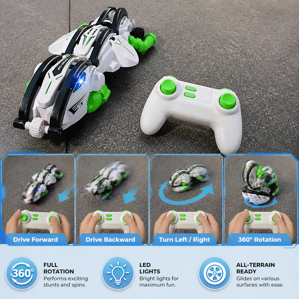 2-in-1 Remote Control Transforming Stunt Car with 360° Rotation & LED Lights