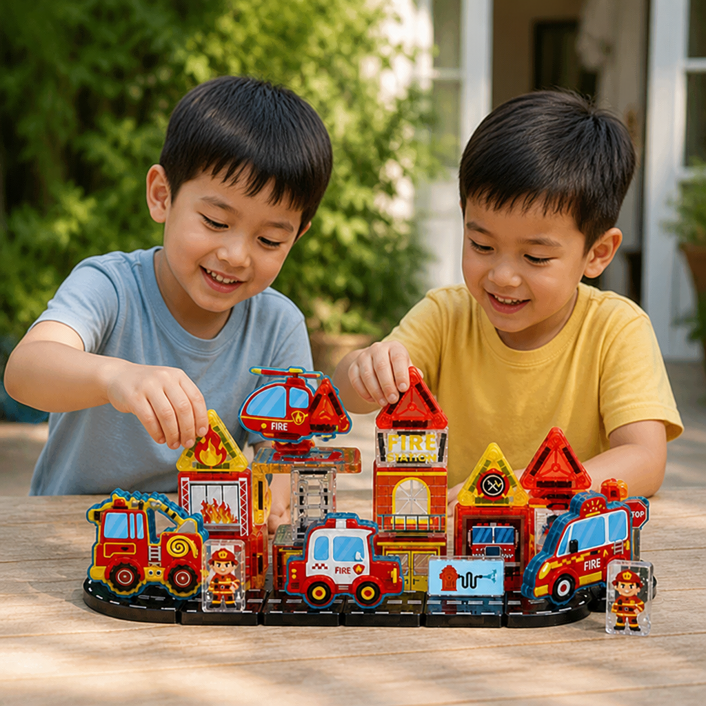 40-Piece Magnetic Travel Building Set with Construction, Fire Truck & Police Vehicles
