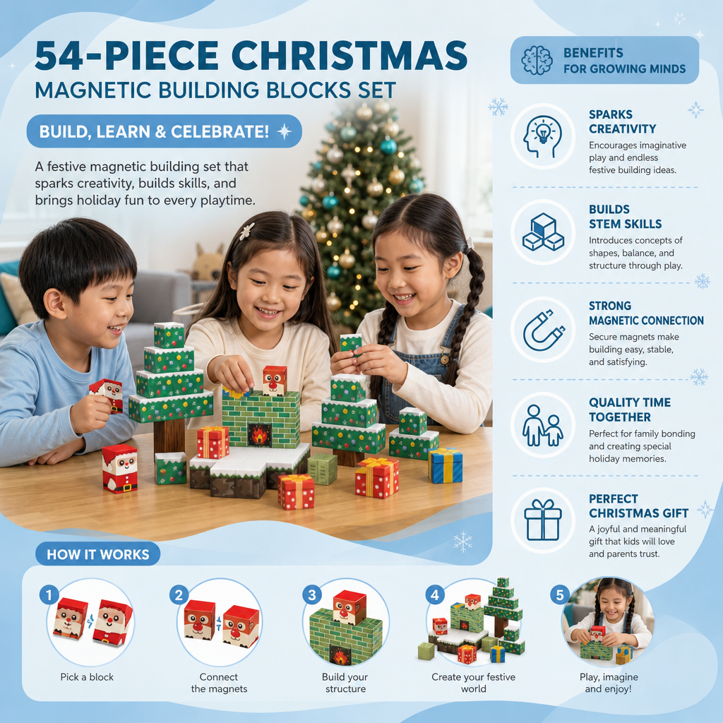 54-Piece Christmas Magnetic Building Blocks Set – Festive STEM Construction Toy