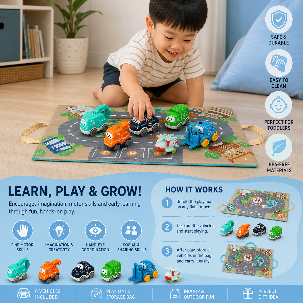 Toddler Toy Truck & Car Set with Play Mat Storage Bag