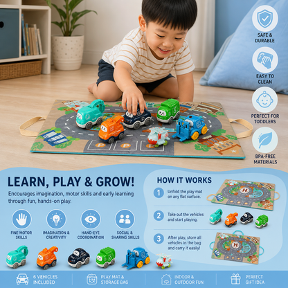 Toddler Toy Truck & Car Set with Play Mat Storage Bag