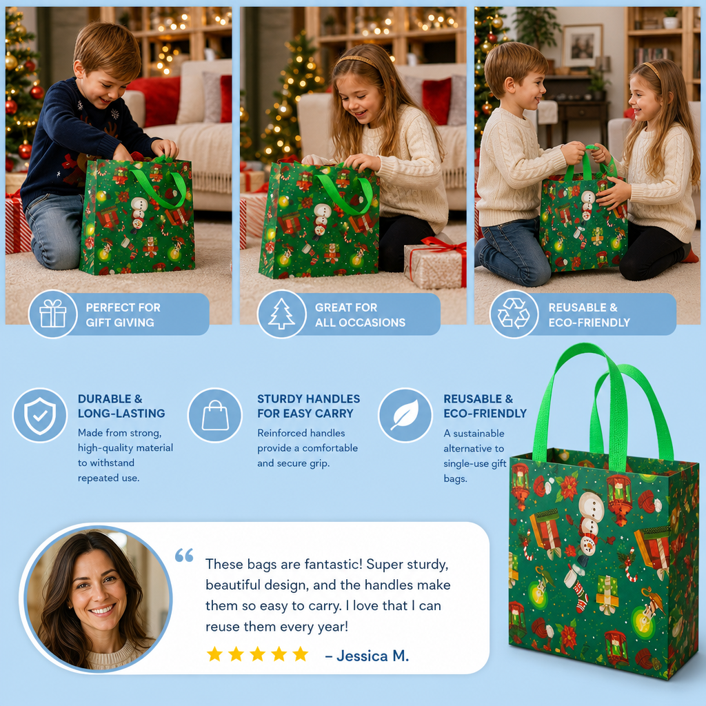 Reusable Christmas Gift Bags with Handles – Various Festive Designs