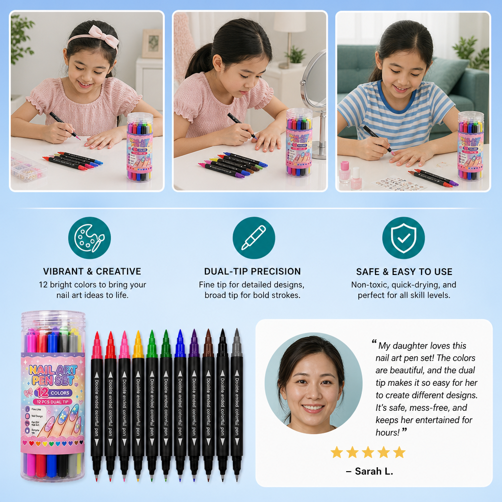 12-Color Dual-Tip Nail Art Pen Set – Fine Detail & Creative Designs