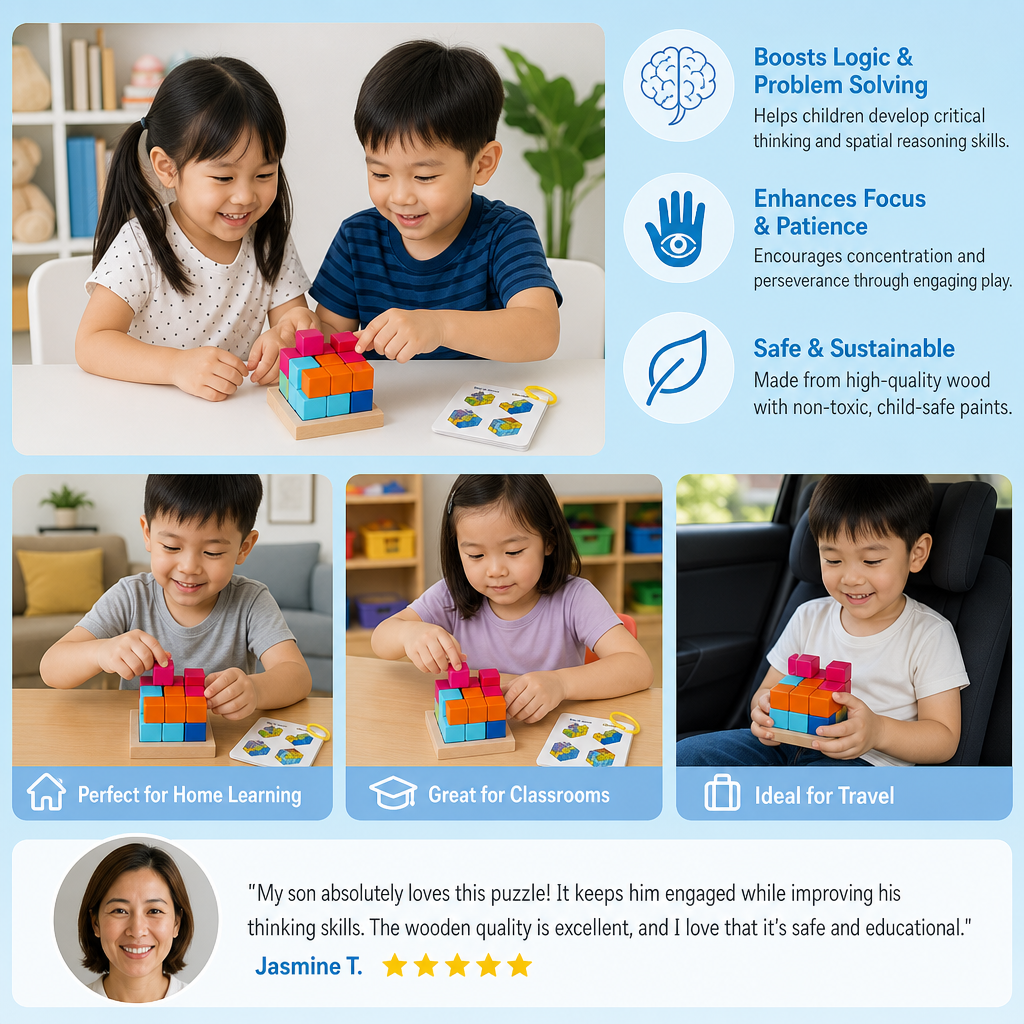 Montessori 3D Wooden Puzzle Blocks – Colorful Geometry & STEM Brain Training Game